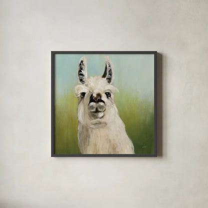 Whos Your Llama I Crop by Julia Purinton. Shown in a sleek black glass frame for a contemporary gallery look. Available as an archival giclee rolled canvas, fine art paper, or poster print. SKU 36176a.