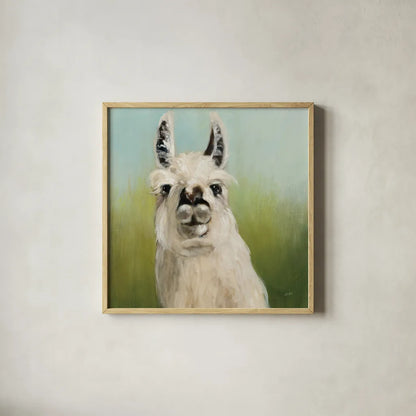 Whos Your Llama I Crop by Julia Purinton. Shown in a natural wood glass frame for a timeless modern aesthetic. Available as an archival giclee rolled canvas, fine art paper, or poster print. SKU 36176a.