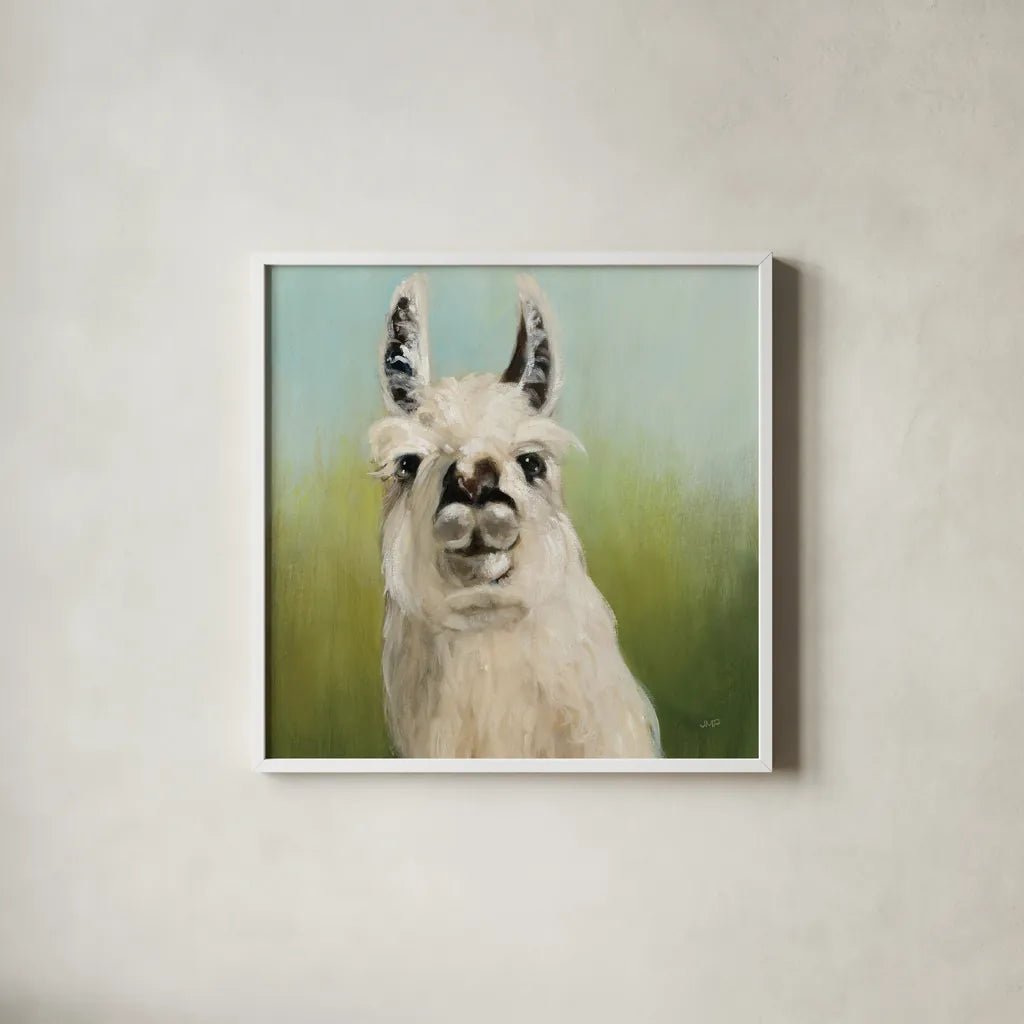 Whos Your Llama I Crop by Julia Purinton. Shown in a crisp white glass frame for a clean and minimalist style. Available as an archival giclee rolled canvas, fine art paper, or poster print. SKU 36176a.