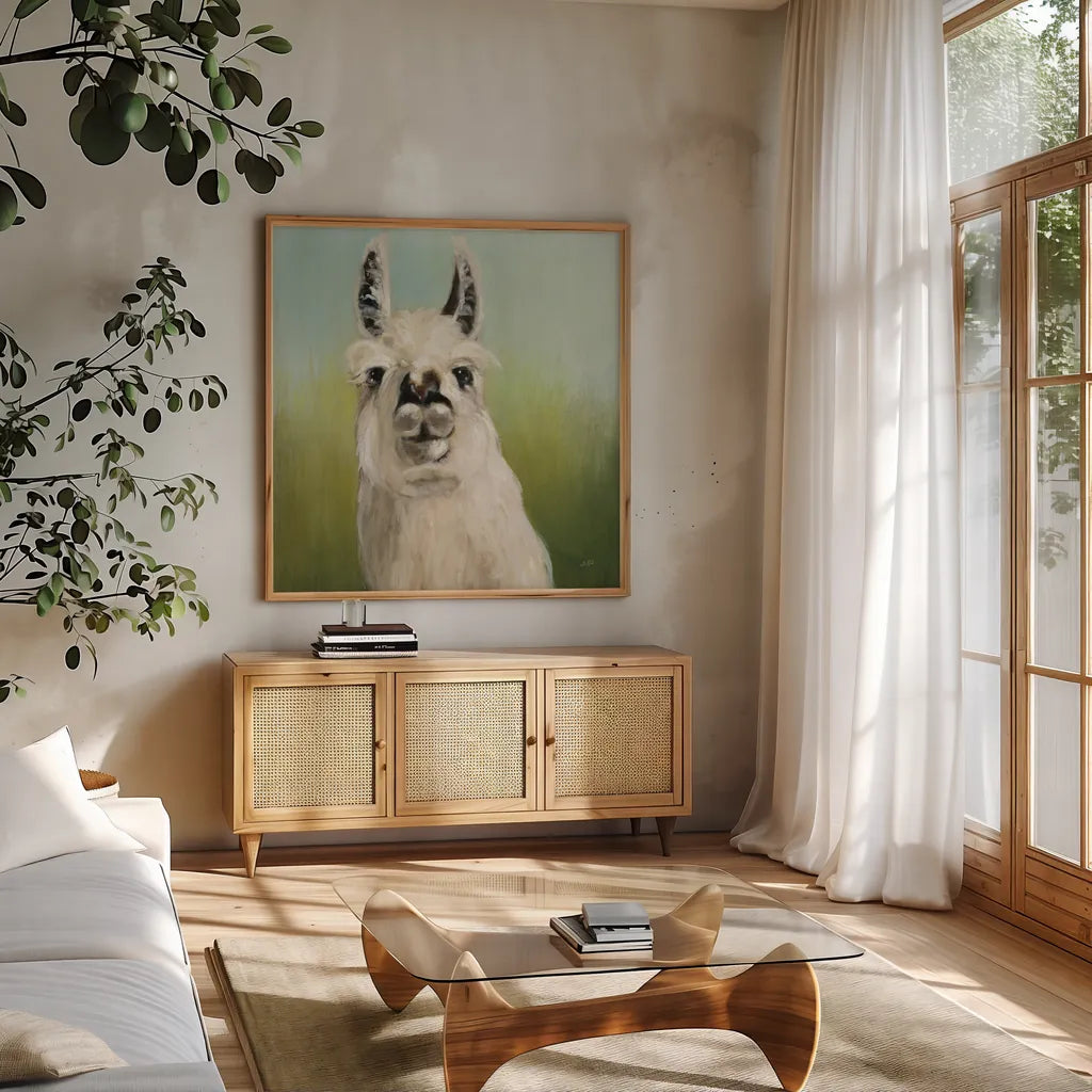 Whos Your Llama I Crop by Julia Purinton. Shown in a natural wood frame in a cozy modern living room. Available as an archival giclee rolled canvas, fine art paper, or poster print. SKU 36176a.