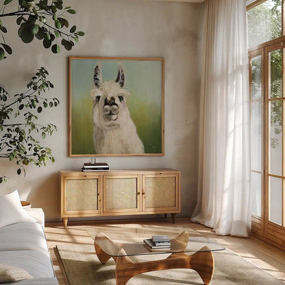 Whos Your Llama I Crop by Julia Purinton. Shown in a natural wood frame in a cozy modern living room. Available as an archival giclee rolled canvas, fine art paper, or poster print. SKU 36176a.