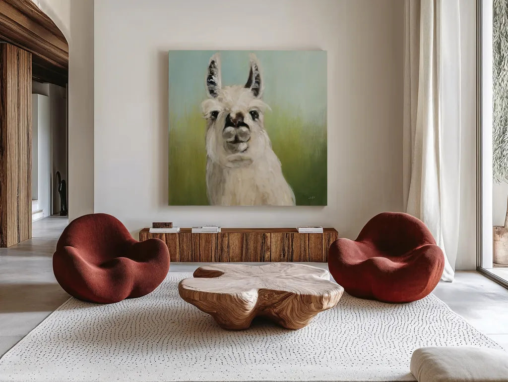 Whos Your Llama I Crop by Julia Purinton. Shown as extra-large giant wall art in a modern living room. Available as an archival giclee rolled canvas, fine art paper, or poster print. SKU 36176a.