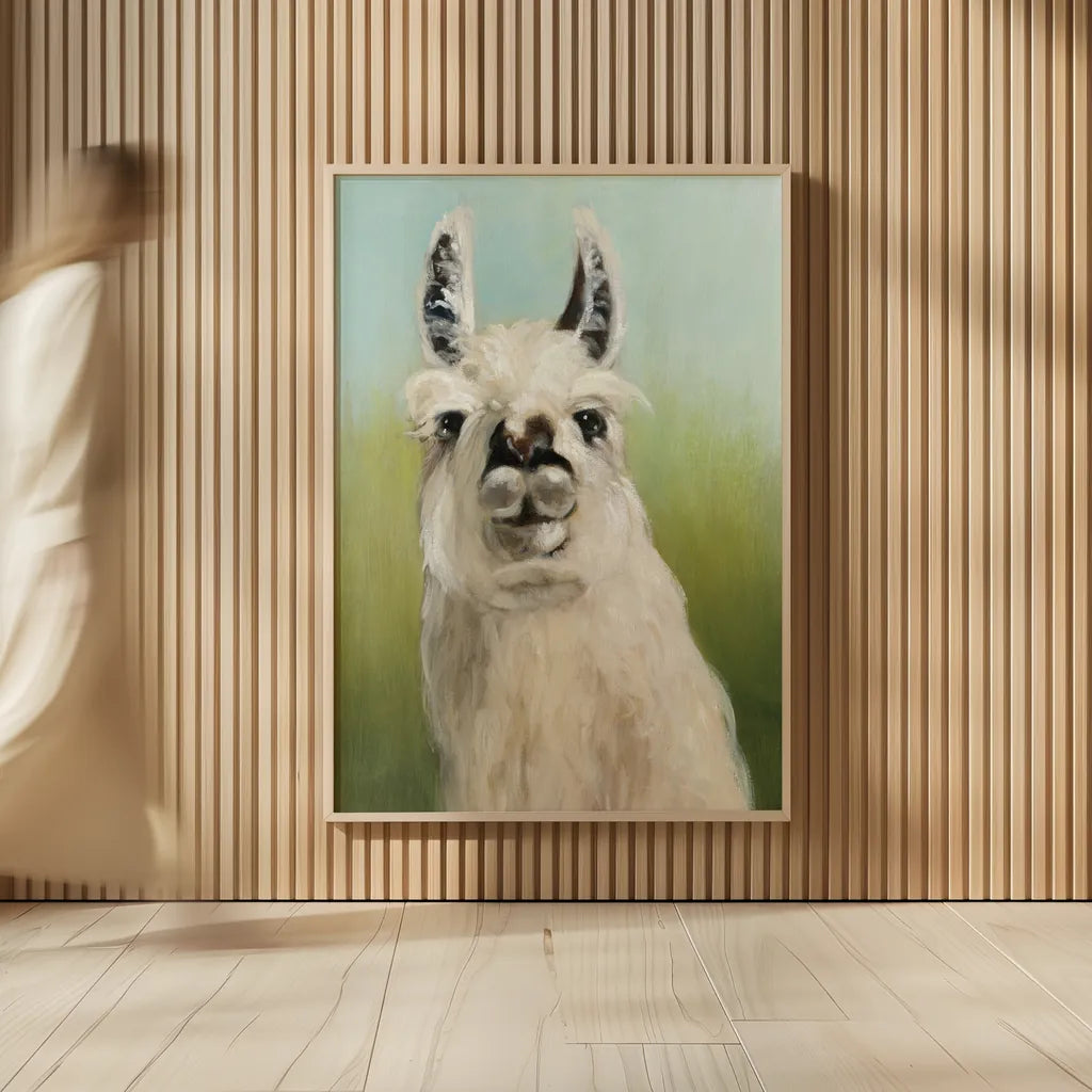 Whos Your Llama I Crop by Julia Purinton. shown as over sized large wall art. Available as an archival giclee rolled canvas, fine art paper, or poster print. SKU 36176h.