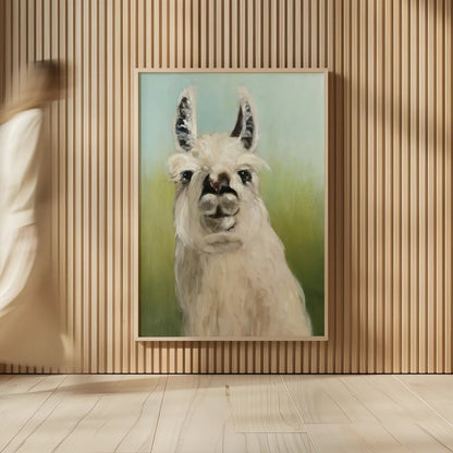 Whos Your Llama I Crop by Julia Purinton. shown as over sized large wall art. Available as an archival giclee rolled canvas, fine art paper, or poster print. SKU 36176h.