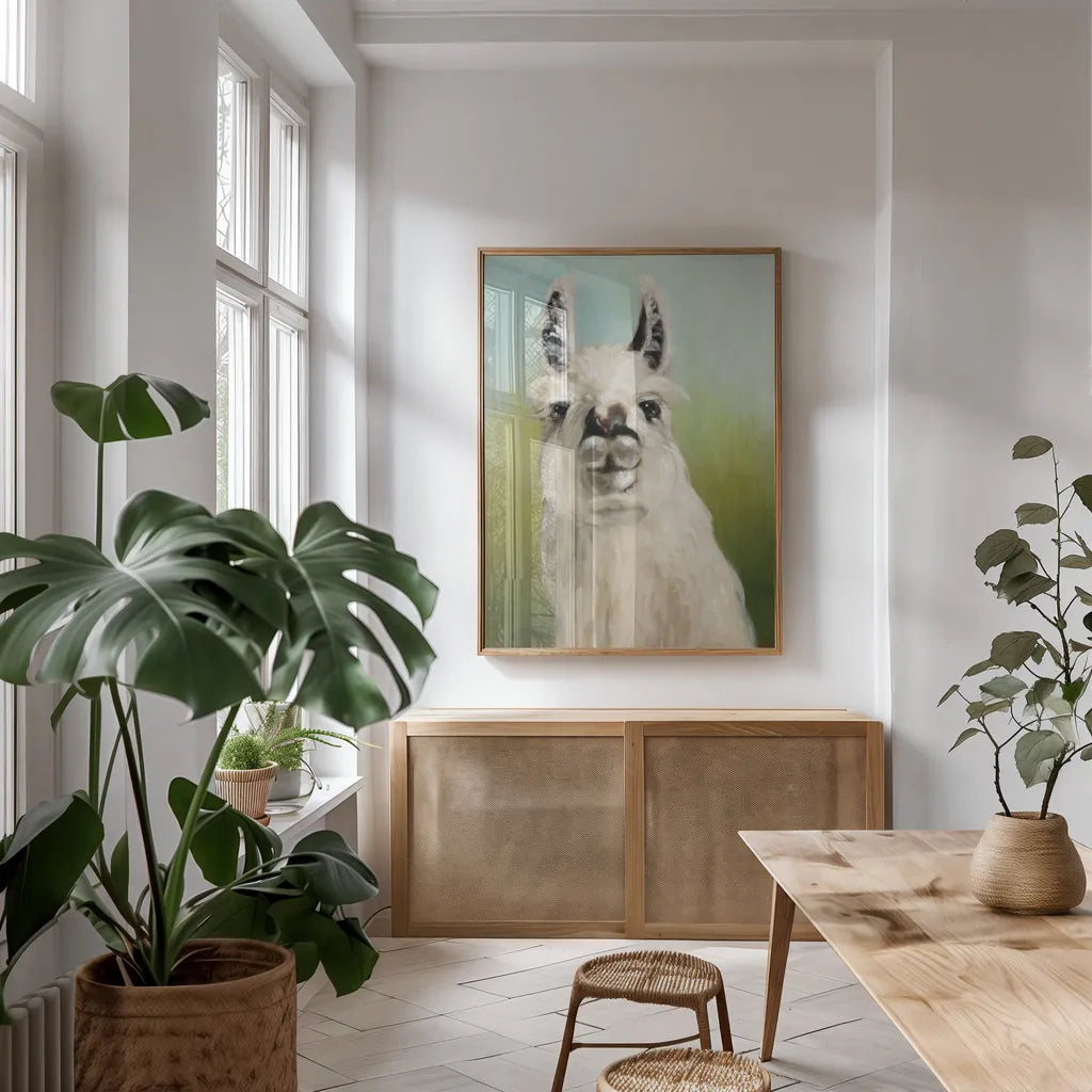 Whos Your Llama I Crop by Julia Purinton. shown as a print in a natural wood frame in a dining room. Available as a archival giclee rolled canvas, fine art paper, or poster print. SKU 36176h.