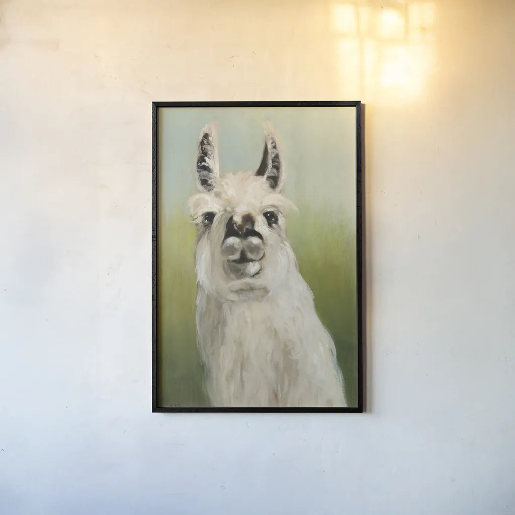 Whos Your Llama I Crop by Julia Purinton. shown as a paper print in a black flame. Available as a archival giclee rolled canvas, fine art paper, or poster print. SKU 36176h.
