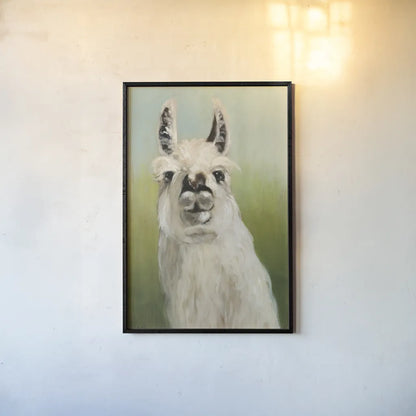 Whos Your Llama I Crop by Julia Purinton. shown as a paper print in a black flame. Available as a archival giclee rolled canvas, fine art paper, or poster print. SKU 36176h.
