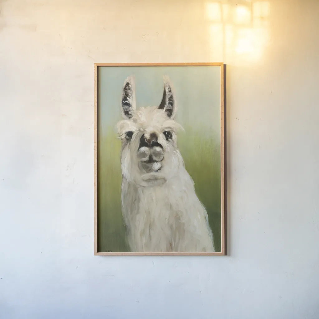 Whos Your Llama I Crop by Julia Purinton. shown as a paper print in a natural frame. Available as a archival giclee rolled canvas, fine art paper, or poster print. SKU 36176h.
