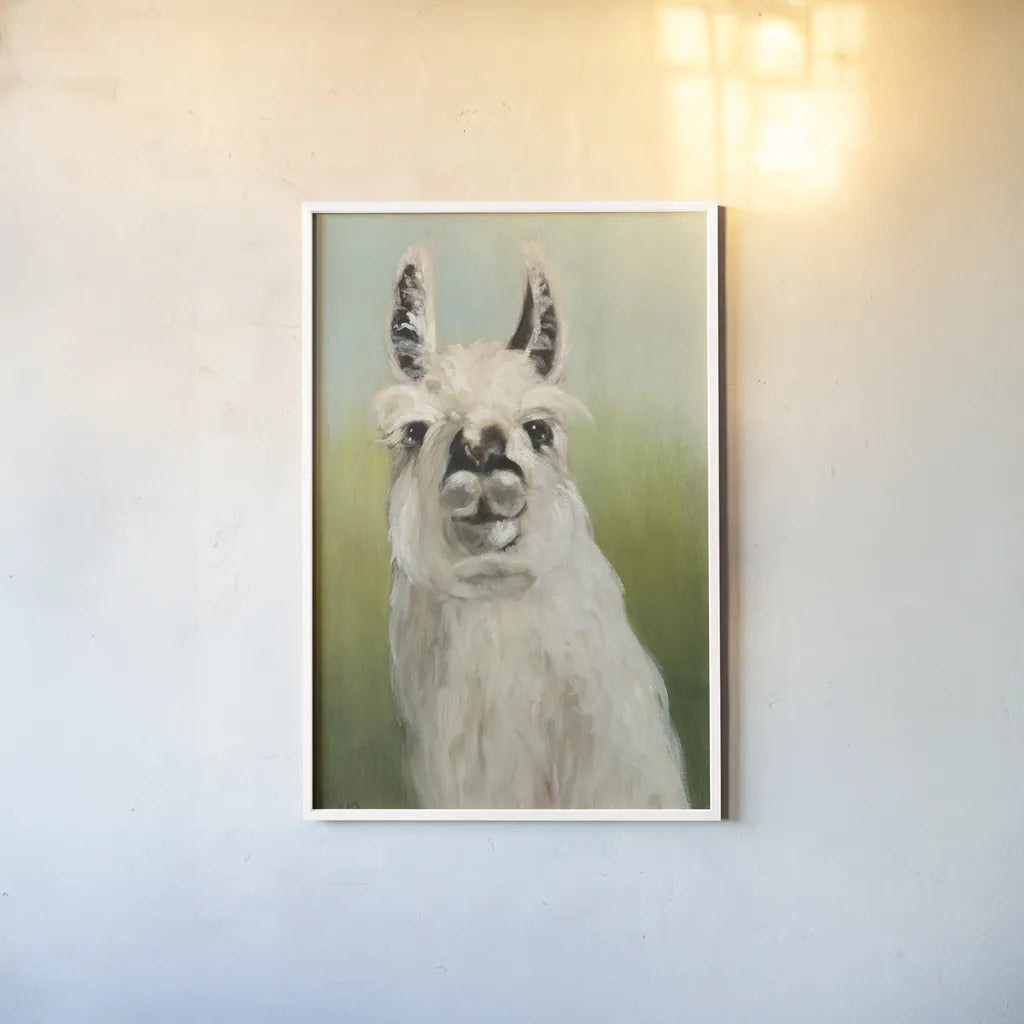 Whos Your Llama I Crop by Julia Purinton. shown as a paper print in a white frame. Available as a archival giclee rolled canvas, fine art paper, or poster print. SKU 36176h.