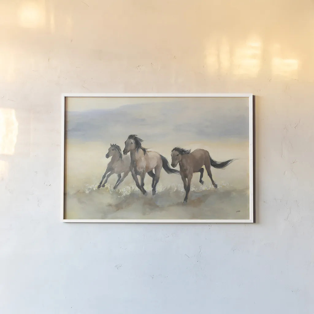 Wild Mustangs by Julia Purinton. shown as a paper print in a white frame. Available as a archival giclee rolled canvas, fine art paper, or poster print. SKU 70759i.