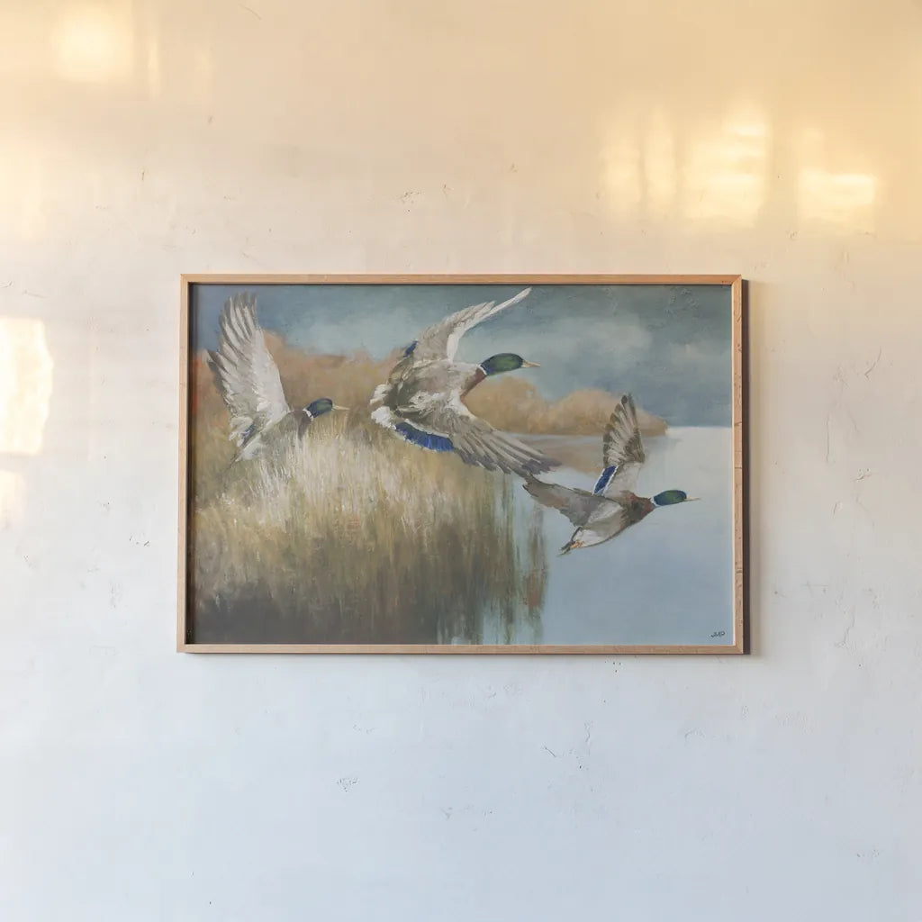 Wild Wings by Julia Purinton. shown as a paper print in a natural frame. Available as a archival giclee rolled canvas, fine art paper, or poster print. SKU 97244i.