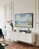 Wind and Waves I by Julia Purinton. shown as a framed stretched canvas in a living room above a console. Available as a archival giclee rolled canvas, fine art paper, or poster print. SKU 46966i.