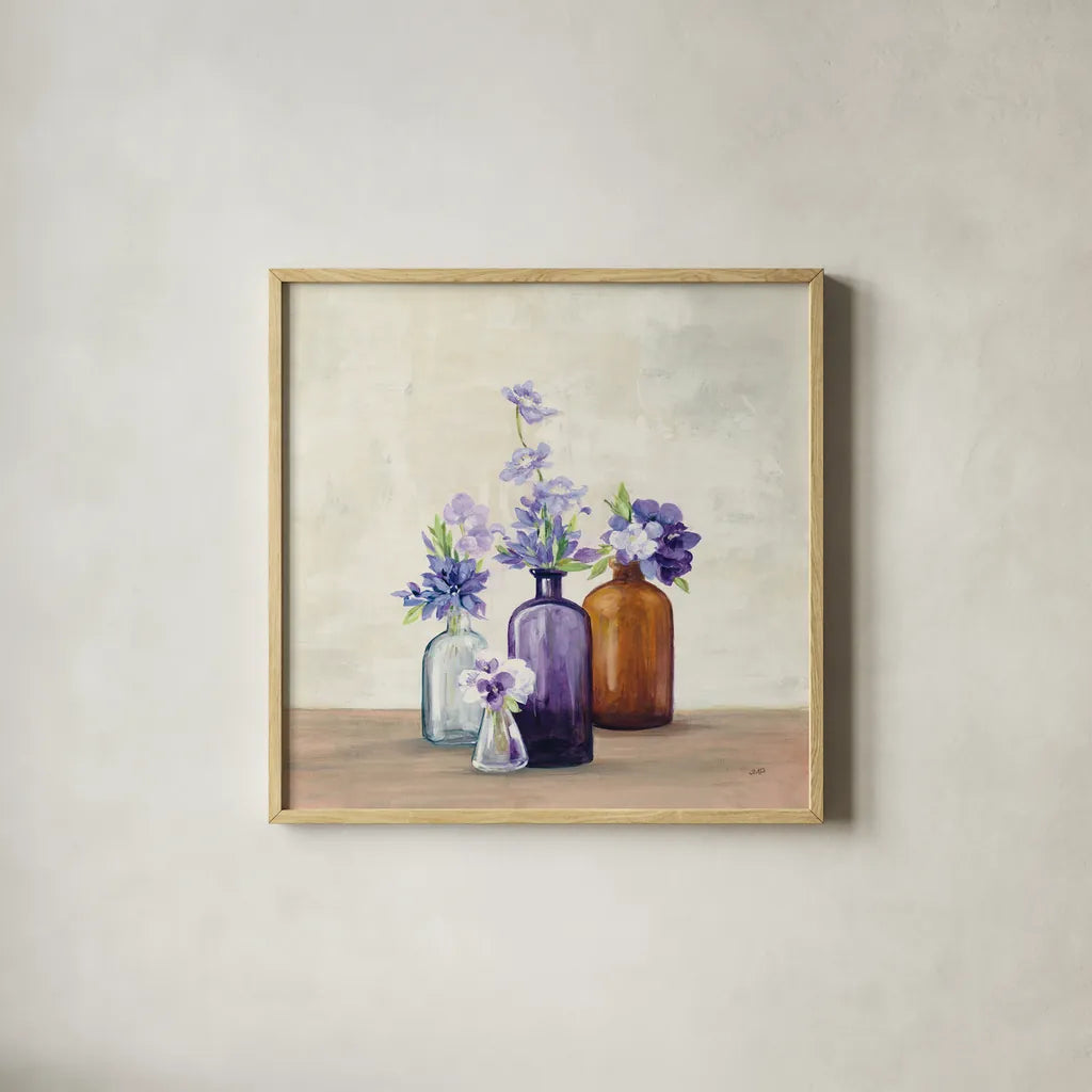 Windowsill Garden I by Julia Purinton. Shown in a natural wood glass frame for a timeless modern aesthetic. Available as an archival giclee rolled canvas, fine art paper, or poster print. SKU 54616a.
