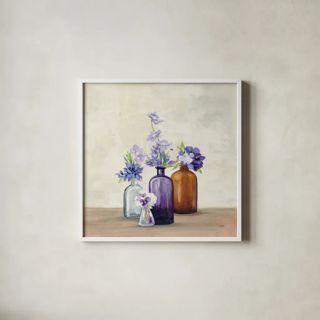 Windowsill Garden I by Julia Purinton. Shown in a crisp white glass frame for a clean and minimalist style. Available as an archival giclee rolled canvas, fine art paper, or poster print. SKU 54616a.
