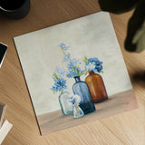 Windowsill Garden I Blue by Julia Purinton. Shown as a detailed flat fine art print, highlighting archival giclee quality. Available as an archival giclee rolled canvas, fine art paper, or poster print. SKU 54992a.