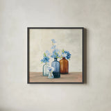 Windowsill Garden I Blue by Julia Purinton. Shown in a sleek black glass frame for a contemporary gallery look. Available as an archival giclee rolled canvas, fine art paper, or poster print. SKU 54992a.