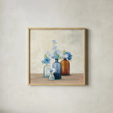 Windowsill Garden I Blue by Julia Purinton. Shown in a natural wood glass frame for a timeless modern aesthetic. Available as an archival giclee rolled canvas, fine art paper, or poster print. SKU 54992a.