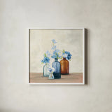 Windowsill Garden I Blue by Julia Purinton. Shown in a crisp white glass frame for a clean and minimalist style. Available as an archival giclee rolled canvas, fine art paper, or poster print. SKU 54992a.