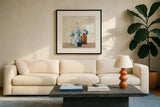 Windowsill Garden I Blue by Julia Purinton. Displayed in a glass frame with matte in a clean modern living room. Available as an archival giclee rolled canvas, fine art paper, or poster print. SKU 54992a.
