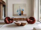 Windowsill Garden I Blue by Julia Purinton. Shown as extra-large giant wall art in a modern living room. Available as an archival giclee rolled canvas, fine art paper, or poster print. SKU 54992a.