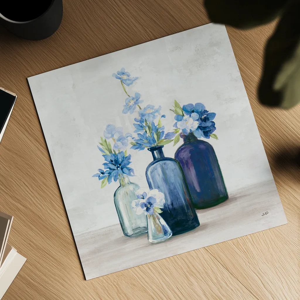 Windowsill Garden I Cobalt by Julia Purinton. Shown as a detailed flat fine art print, highlighting archival giclee quality. Available as an archival giclee rolled canvas, fine art paper, or poster print. SKU 67768a.