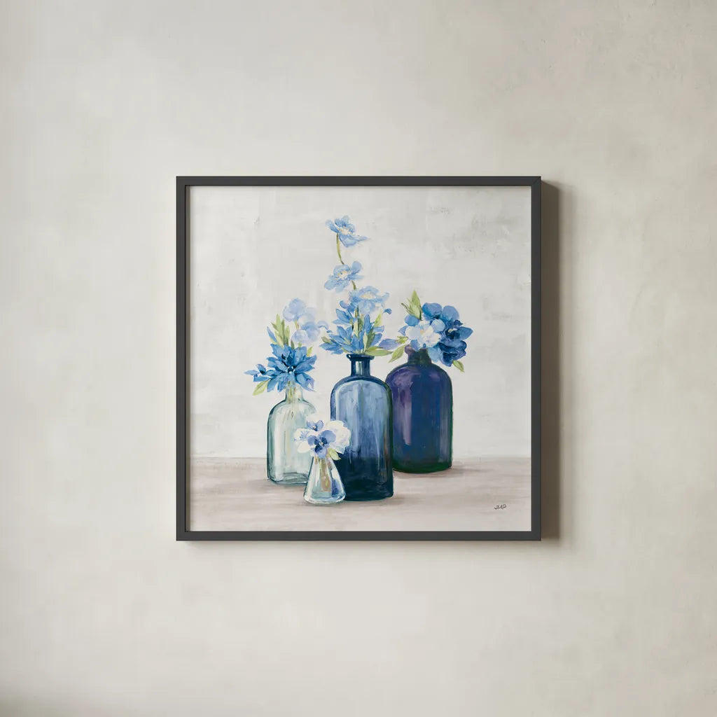 Windowsill Garden I Cobalt by Julia Purinton. Shown in a sleek black glass frame for a contemporary gallery look. Available as an archival giclee rolled canvas, fine art paper, or poster print. SKU 67768a.