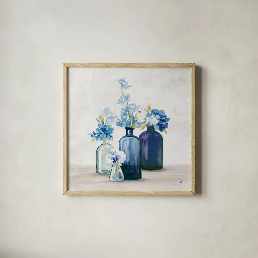 Windowsill Garden I Cobalt by Julia Purinton. Shown in a natural wood glass frame for a timeless modern aesthetic. Available as an archival giclee rolled canvas, fine art paper, or poster print. SKU 67768a.