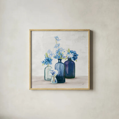Windowsill Garden I Cobalt by Julia Purinton. Shown in a natural wood glass frame for a timeless modern aesthetic. Available as an archival giclee rolled canvas, fine art paper, or poster print. SKU 67768a.