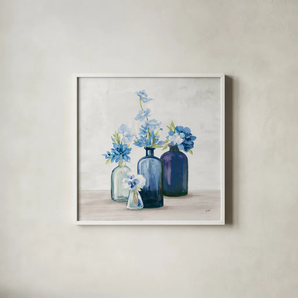 Windowsill Garden I Cobalt by Julia Purinton. Shown in a crisp white glass frame for a clean and minimalist style. Available as an archival giclee rolled canvas, fine art paper, or poster print. SKU 67768a.