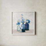 Windowsill Garden I Cobalt by Julia Purinton. Shown in a crisp white glass frame for a clean and minimalist style. Available as an archival giclee rolled canvas, fine art paper, or poster print. SKU 67768a.