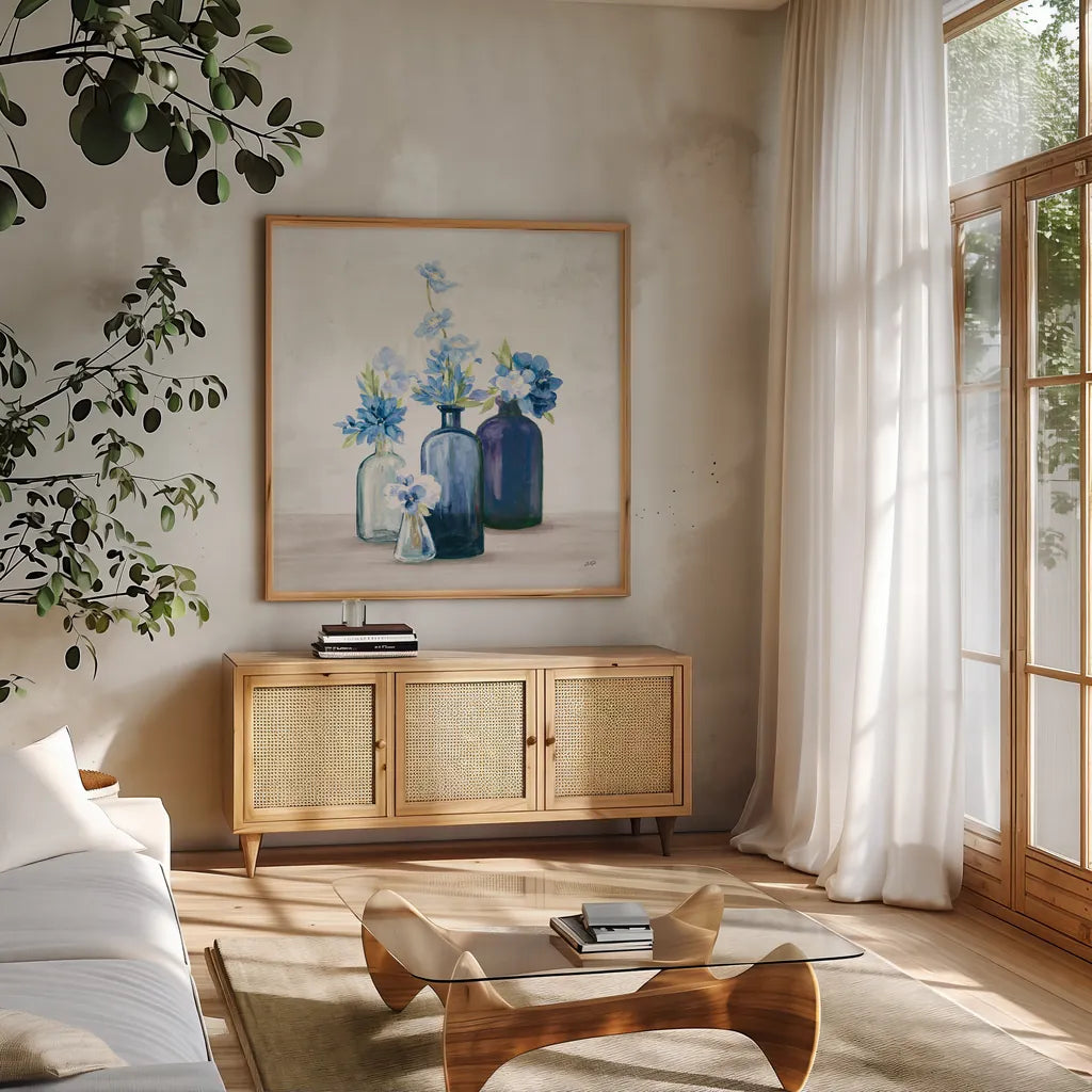 Windowsill Garden I Cobalt by Julia Purinton. Shown in a natural wood frame in a cozy modern living room. Available as an archival giclee rolled canvas, fine art paper, or poster print. SKU 67768a.