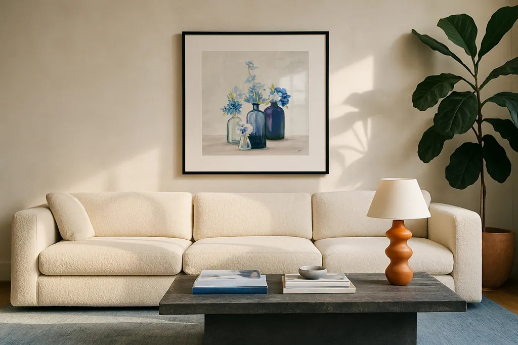 Windowsill Garden I Cobalt by Julia Purinton. Displayed in a glass frame with matte in a clean modern living room. Available as an archival giclee rolled canvas, fine art paper, or poster print. SKU 67768a.