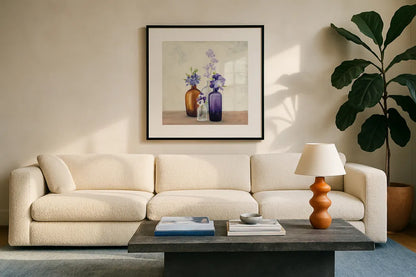 Windowsill Garden II by Julia Purinton. Displayed in a glass frame with matte in a clean modern living room. Available as an archival giclee rolled canvas, fine art paper, or poster print. SKU 54617a.