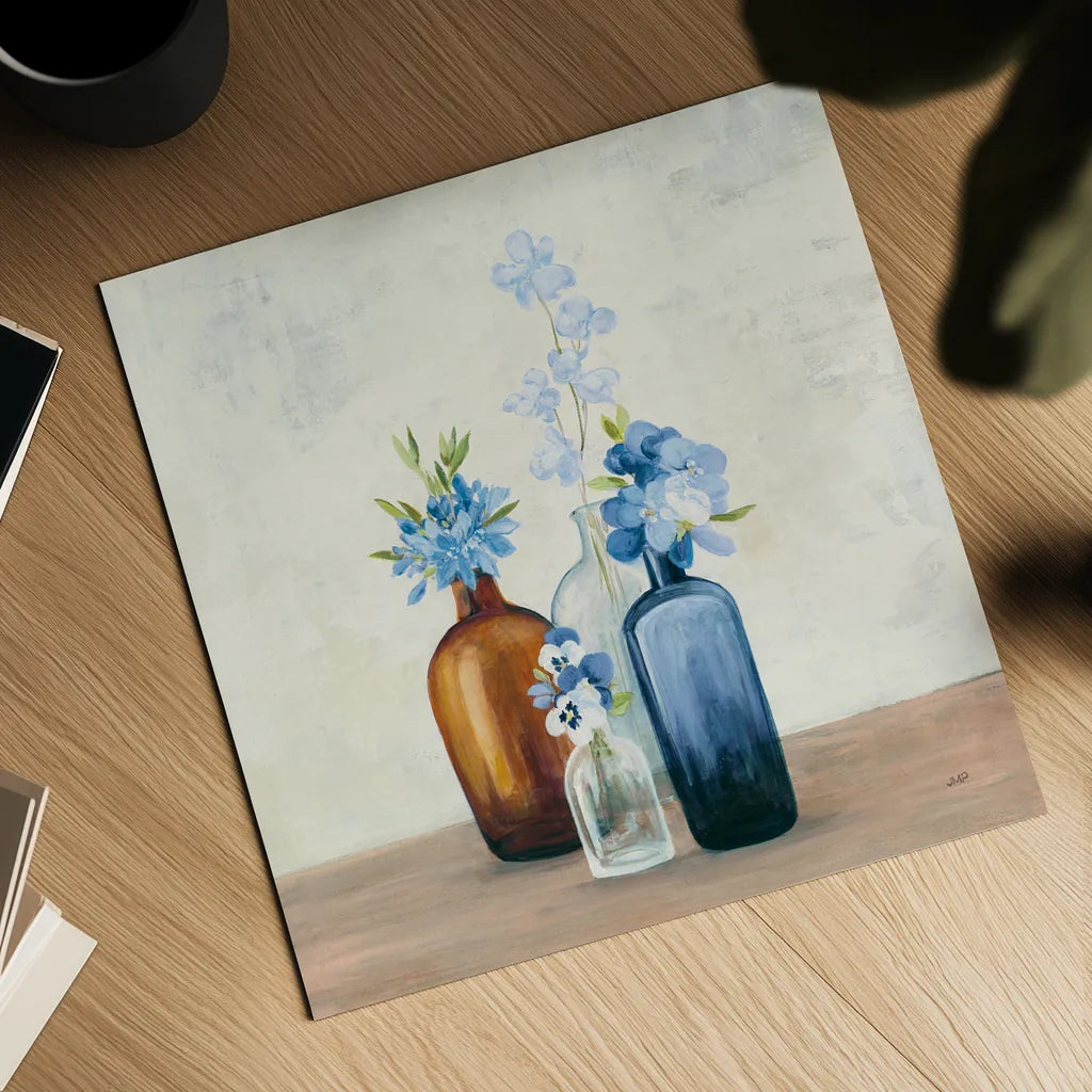 Windowsill Garden II Blue by Julia Purinton. Shown as a detailed flat fine art print, highlighting archival giclee quality. Available as an archival giclee rolled canvas, fine art paper, or poster print. SKU 54993a.