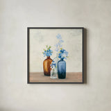 Windowsill Garden II Blue by Julia Purinton. Shown in a sleek black glass frame for a contemporary gallery look. Available as an archival giclee rolled canvas, fine art paper, or poster print. SKU 54993a.