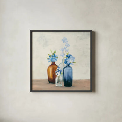 Windowsill Garden II Blue by Julia Purinton. Shown in a sleek black glass frame for a contemporary gallery look. Available as an archival giclee rolled canvas, fine art paper, or poster print. SKU 54993a.
