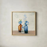 Windowsill Garden II Blue by Julia Purinton. Shown in a natural wood glass frame for a timeless modern aesthetic. Available as an archival giclee rolled canvas, fine art paper, or poster print. SKU 54993a.