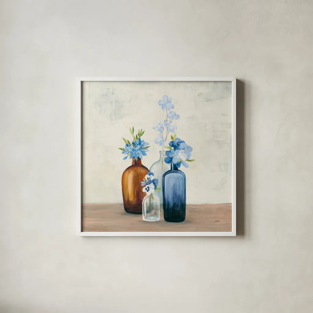 Windowsill Garden II Blue by Julia Purinton. Shown in a crisp white glass frame for a clean and minimalist style. Available as an archival giclee rolled canvas, fine art paper, or poster print. SKU 54993a.