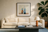 Windowsill Garden II Blue by Julia Purinton. Displayed in a glass frame with matte in a clean modern living room. Available as an archival giclee rolled canvas, fine art paper, or poster print. SKU 54993a.