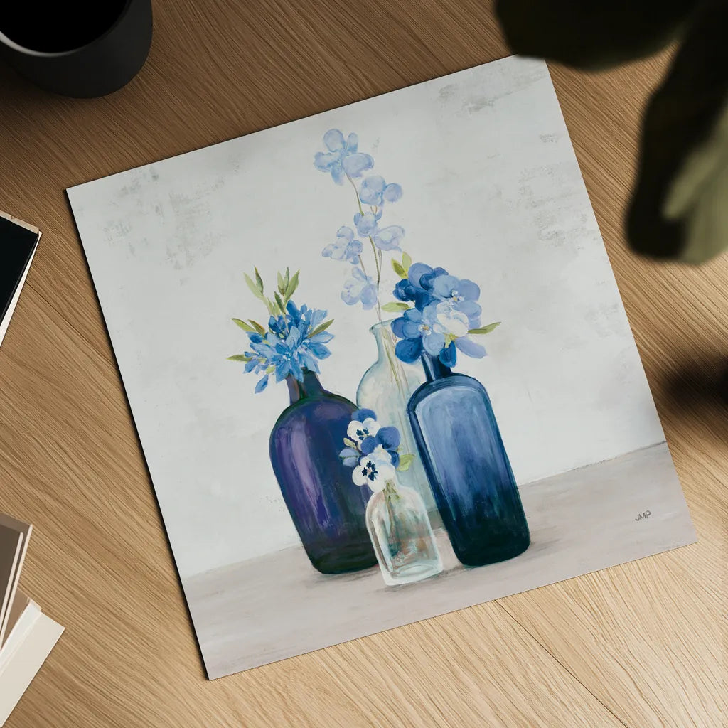 Windowsill Garden II Cobalt by Julia Purinton. Shown as a detailed flat fine art print, highlighting archival giclee quality. Available as an archival giclee rolled canvas, fine art paper, or poster print. SKU 67769a.