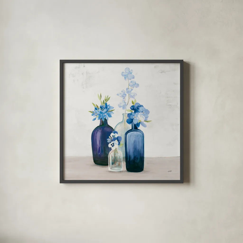 Windowsill Garden II Cobalt by Julia Purinton. Shown in a sleek black glass frame for a contemporary gallery look. Available as an archival giclee rolled canvas, fine art paper, or poster print. SKU 67769a.