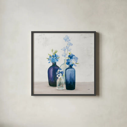 Windowsill Garden II Cobalt by Julia Purinton. Shown in a sleek black glass frame for a contemporary gallery look. Available as an archival giclee rolled canvas, fine art paper, or poster print. SKU 67769a.