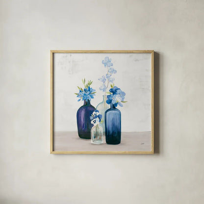 Windowsill Garden II Cobalt by Julia Purinton. Shown in a natural wood glass frame for a timeless modern aesthetic. Available as an archival giclee rolled canvas, fine art paper, or poster print. SKU 67769a.