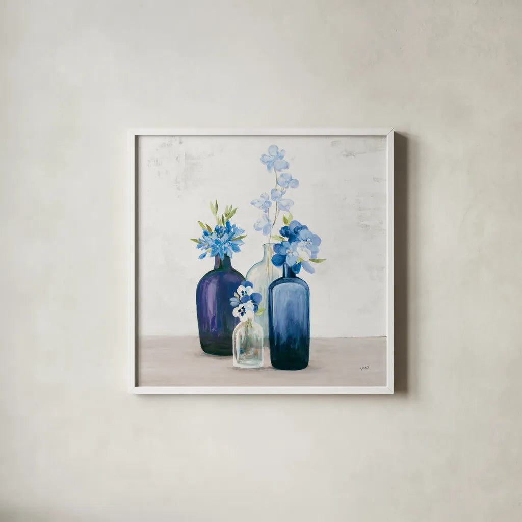 Windowsill Garden II Cobalt by Julia Purinton. Shown in a crisp white glass frame for a clean and minimalist style. Available as an archival giclee rolled canvas, fine art paper, or poster print. SKU 67769a.