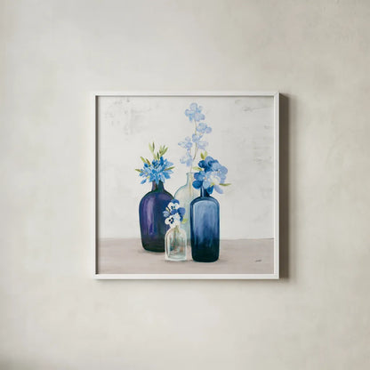 Windowsill Garden II Cobalt by Julia Purinton. Shown in a crisp white glass frame for a clean and minimalist style. Available as an archival giclee rolled canvas, fine art paper, or poster print. SKU 67769a.