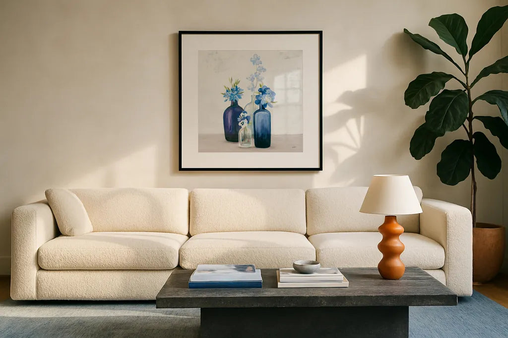 Windowsill Garden II Cobalt by Julia Purinton. Displayed in a glass frame with matte in a clean modern living room. Available as an archival giclee rolled canvas, fine art paper, or poster print. SKU 67769a.