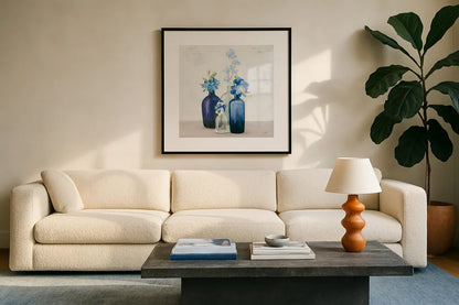 Windowsill Garden II Cobalt by Julia Purinton. Displayed in a glass frame with matte in a clean modern living room. Available as an archival giclee rolled canvas, fine art paper, or poster print. SKU 67769a.