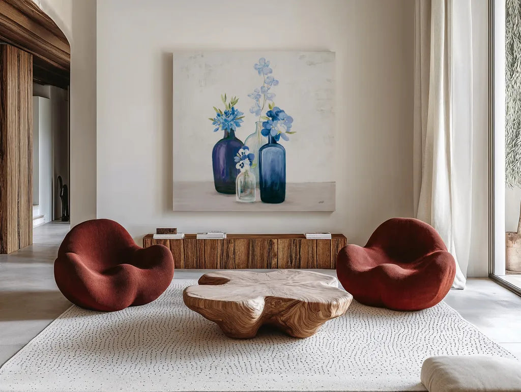 Windowsill Garden II Cobalt by Julia Purinton. Shown as extra-large giant wall art in a modern living room. Available as an archival giclee rolled canvas, fine art paper, or poster print. SKU 67769a.