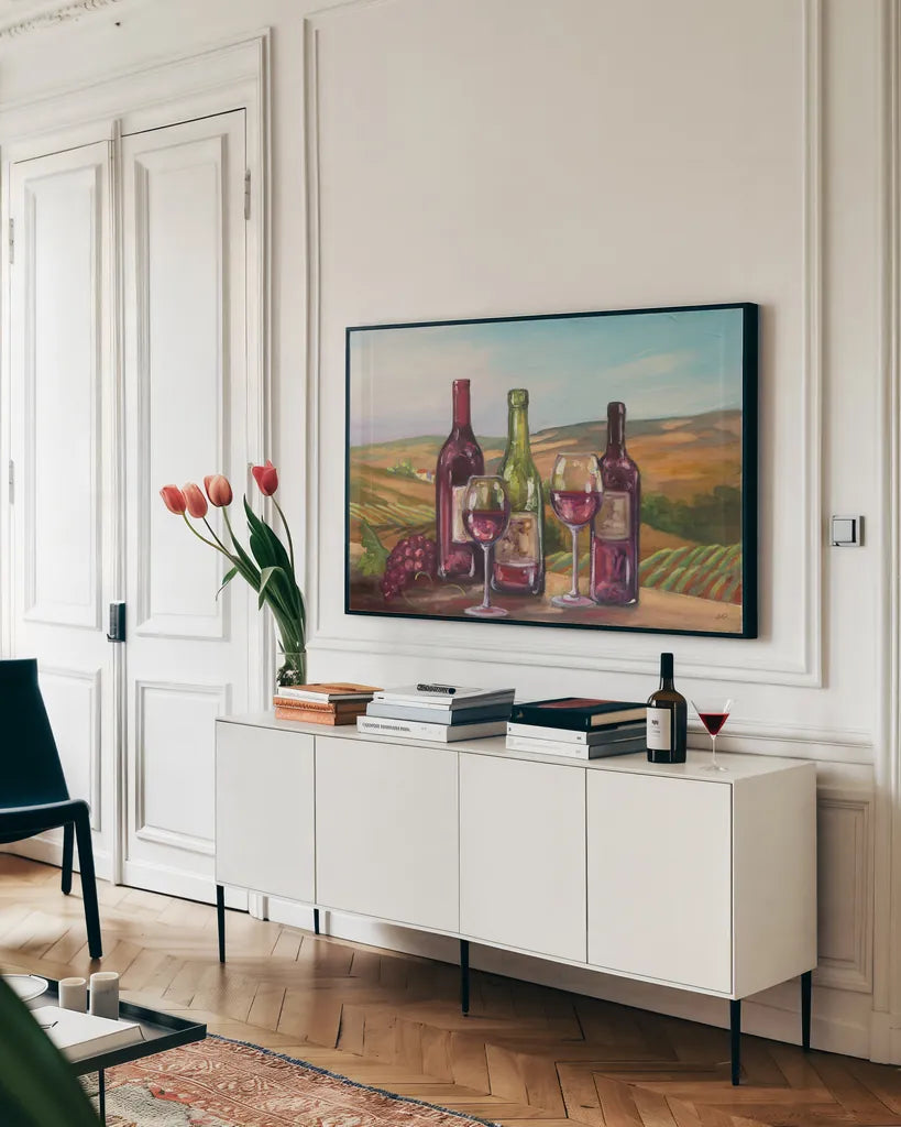 Wine Country by Julia Purinton. shown as a framed stretched canvas in a living room above a console. Available as a archival giclee rolled canvas, fine art paper, or poster print. SKU 19680i.