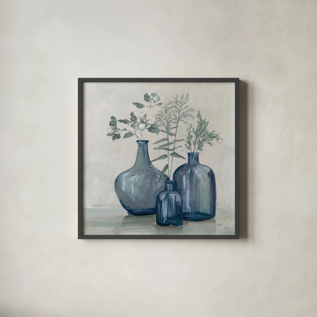Winter Still Life by Julia Purinton. Shown in a sleek black glass frame for a contemporary gallery look. Available as an archival giclee rolled canvas, fine art paper, or poster print. SKU 91101a.